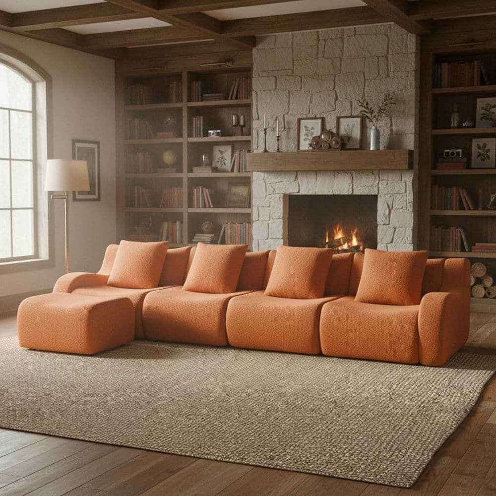 AURA 148 in. Slope Arm 4-piece Teddy Fabric Modular L-Shaped,Anti-Slip Base and Ottoman Sectional Sofa in Pumpkin Orange
