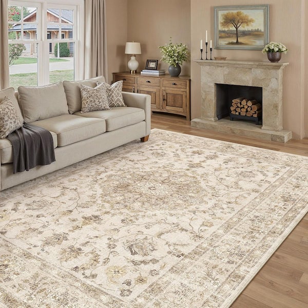 Lausanne Gray 9 ft. x 12 ft. Distressed Vintage Floral Washable Area Rug