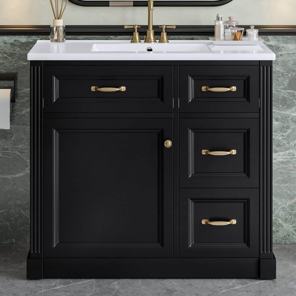36 in. Single Sink Freestanding Black Bath Vanity with White Ceramic Sink Top, Storage Vanity with Soft-Close Door price history on PriceWatchPro