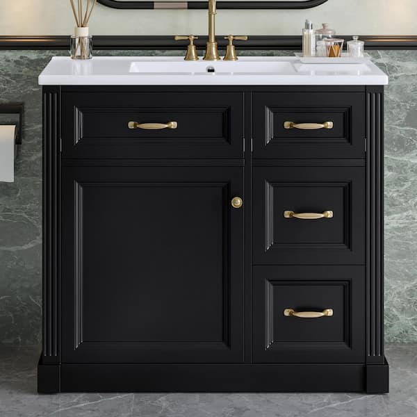 36 in. Single Sink Freestanding Black Bath Vanity with White Ceramic Sink Top, Storage Vanity with Soft-Close Door