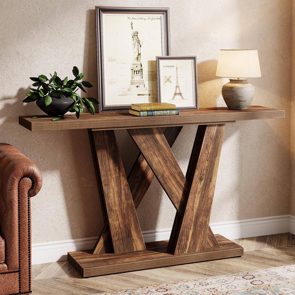 Rustic Brown 55'' Wood Console Table with Geometric Base