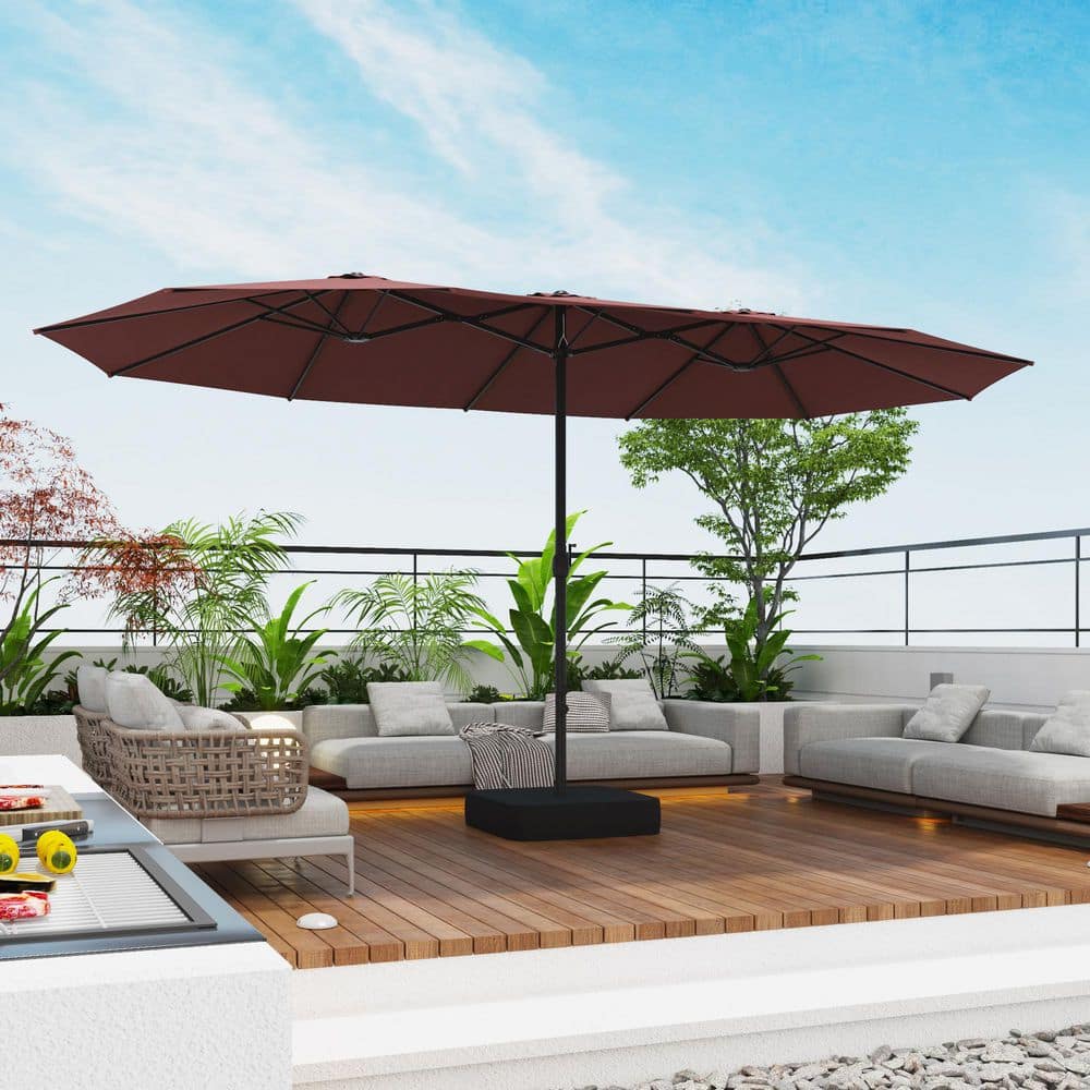 15 ft. Large Double-Sided Beach Umbrella with Crank, Base, 2 Sandbags for Patio Poolside Lawn in Burgundy price history on PriceWatchPro