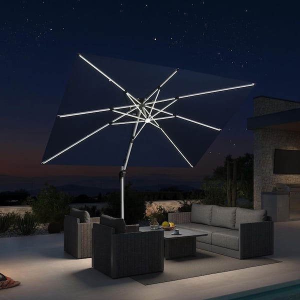 PURPLE LEAF 10 ft. Square Sunbrella Aluminum Solar Powered LED Cantilever Offset Patio Umbrella with Base in Spectrum Indigo