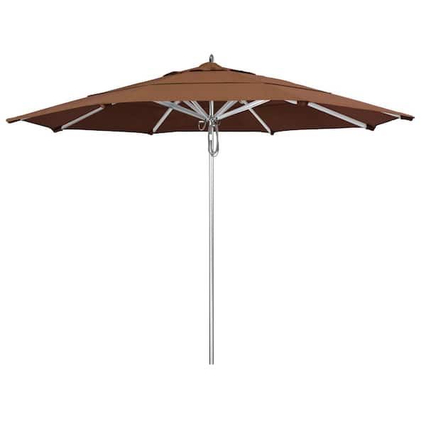 California Umbrella 11 ft. Silver Aluminum Commercial Market Patio Umbrella with Pulley Lift in Teak Sunbrella