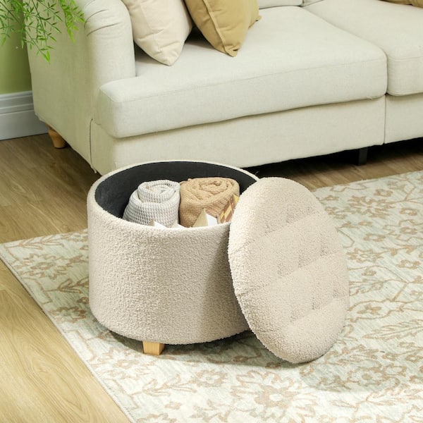 16.1 in. Round Ottoman with Storage, Cashmere Button Tufted Bedroom Stool with Removable Lid and Wood Legs, White