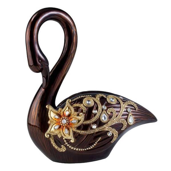 ORE International 12 in. Flower Accent Laurel Topaz Swan Decorative Sculpture in Golden Brown Finish