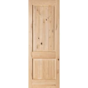 24 in. x 96 in. Rustic Knotty Alder 2-Panel Square Top V-Groove Unfinished Wood Front Door Slab