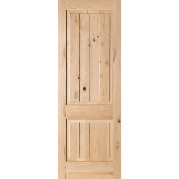 Krosswood Doors 24 in. x 96 in. Rustic Knotty Alder 2-Panel Square Top V-Groove Unfinished Wood Front Door Slab