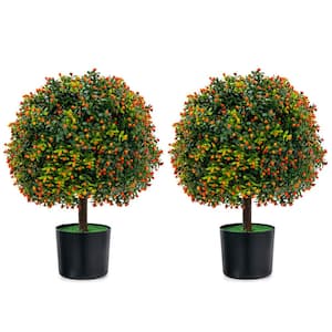 22 in. Artificial Boxwood Topiary Ball Tree 2-Pack Faux Potted Plant W / Orange Fruit