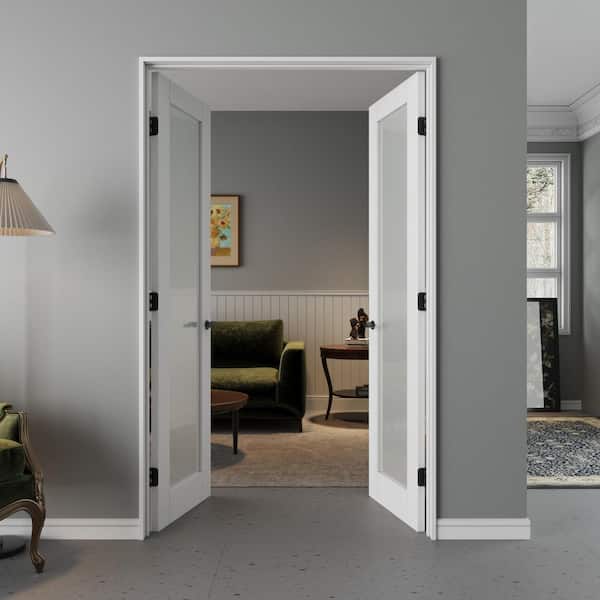 48 in. x 80 in. 1 Lite Frosted Glass Universal White Solid Core Wood Double Prehung French Door with Quick Assemble Jamb