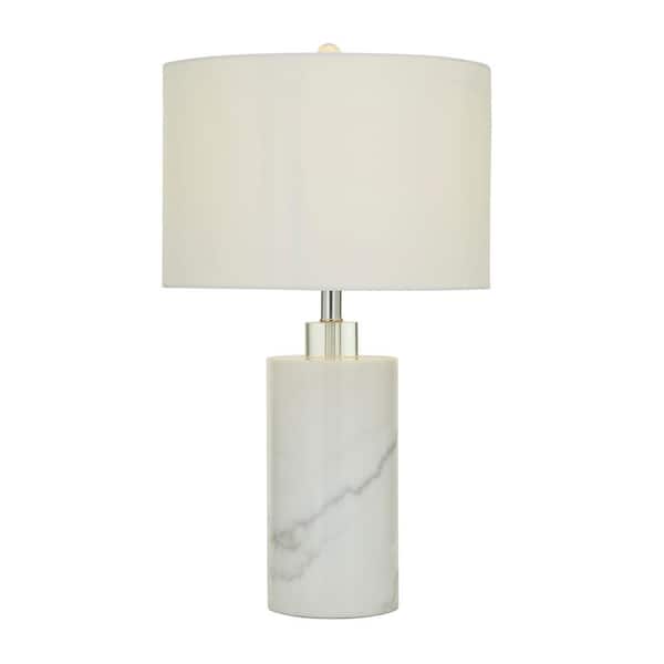 Litton Lane 26 in. White Marble Thick Stand Task and Reading Table Lamp with Drum Shade