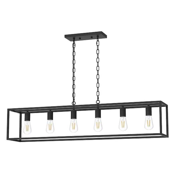 Emeritpro Industrial 6-Light Kitchen Island Pendant Light in Matte Black with Rectangular Frame Hanging Light for Kitchen