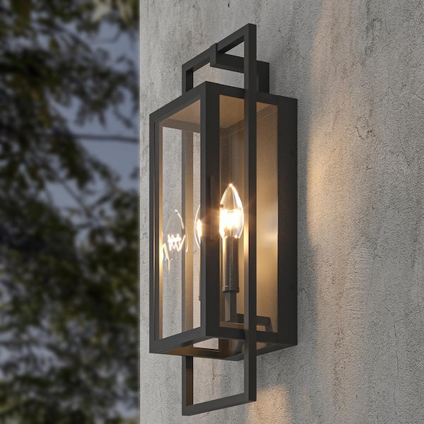 Decorators 21.46 in. Sand Black Dusk to Dawn 2-Light Outdoor Hardwired Wall Lantern Sconce with No Bulbs Included