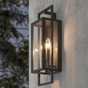 Decorators 21.46 in. Sand Black Dusk to Dawn 2-Light Outdoor Hardwired Wall Lantern Sconce with No Bulbs Included