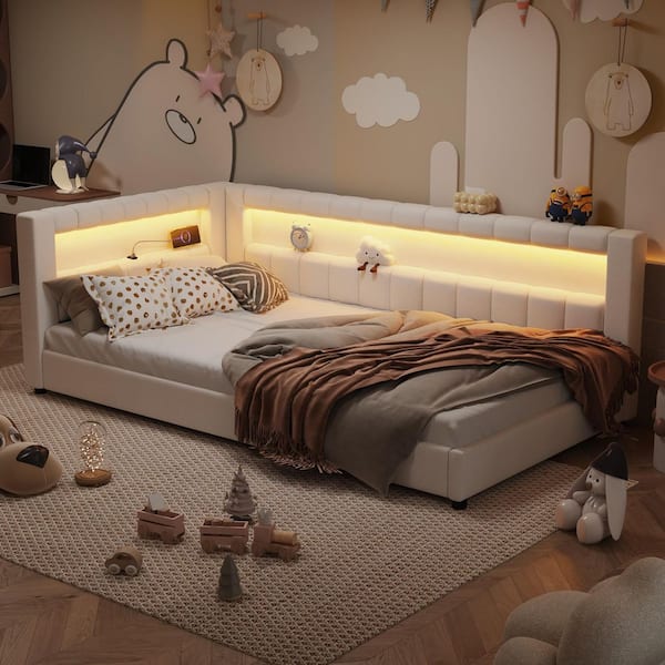 Cream White Wood Frame Twin XL Size Platform Bed with USB Ports and Led Belt