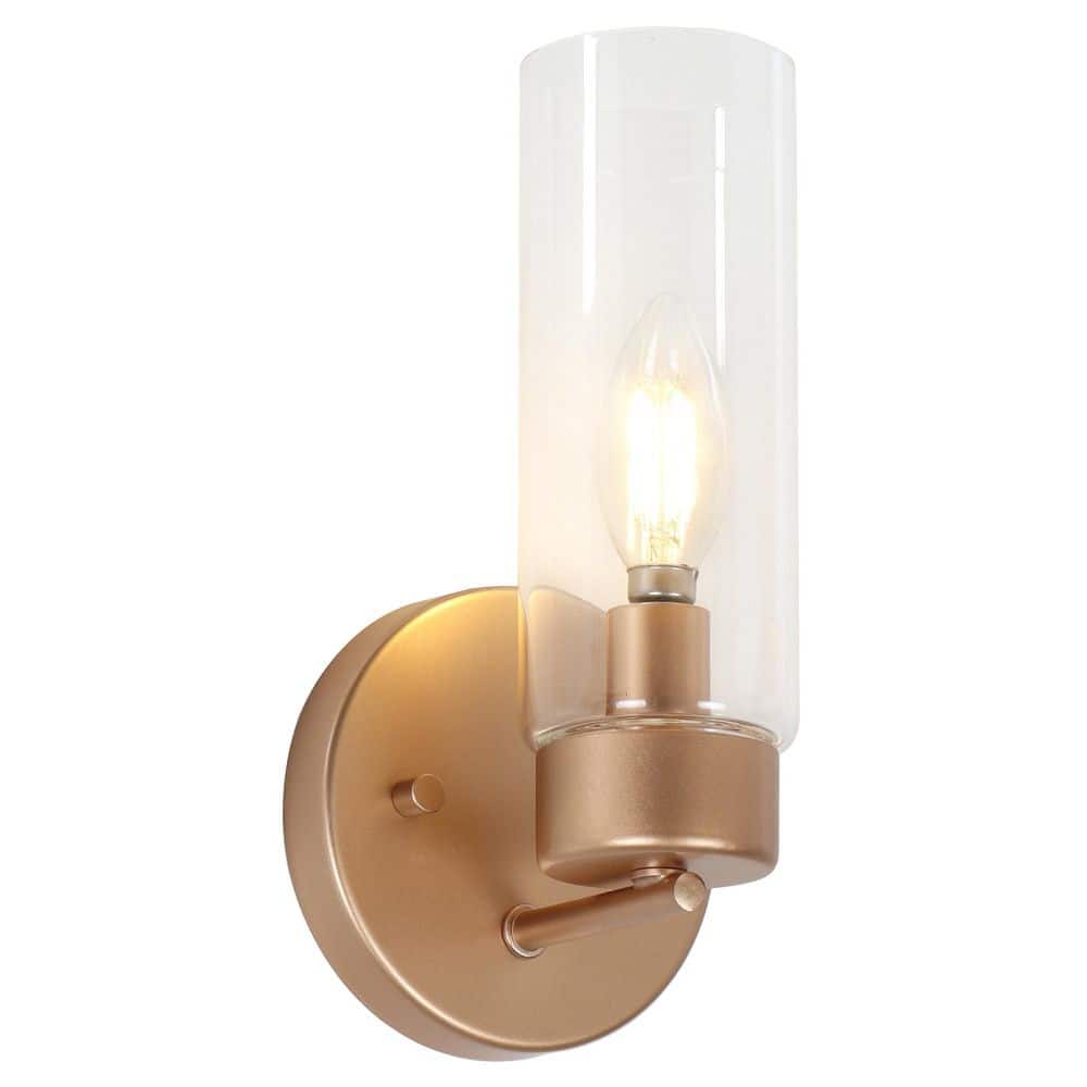 Fino 4.7 in. 1-Light Satin Gold Modern Wall Sconce with Cylinder Clear Glass Shade price history on PriceWatchPro