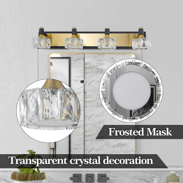 27.6 in. Modern 4-Light Brass and Black LED Vanity Light with Exquisite Crystals
