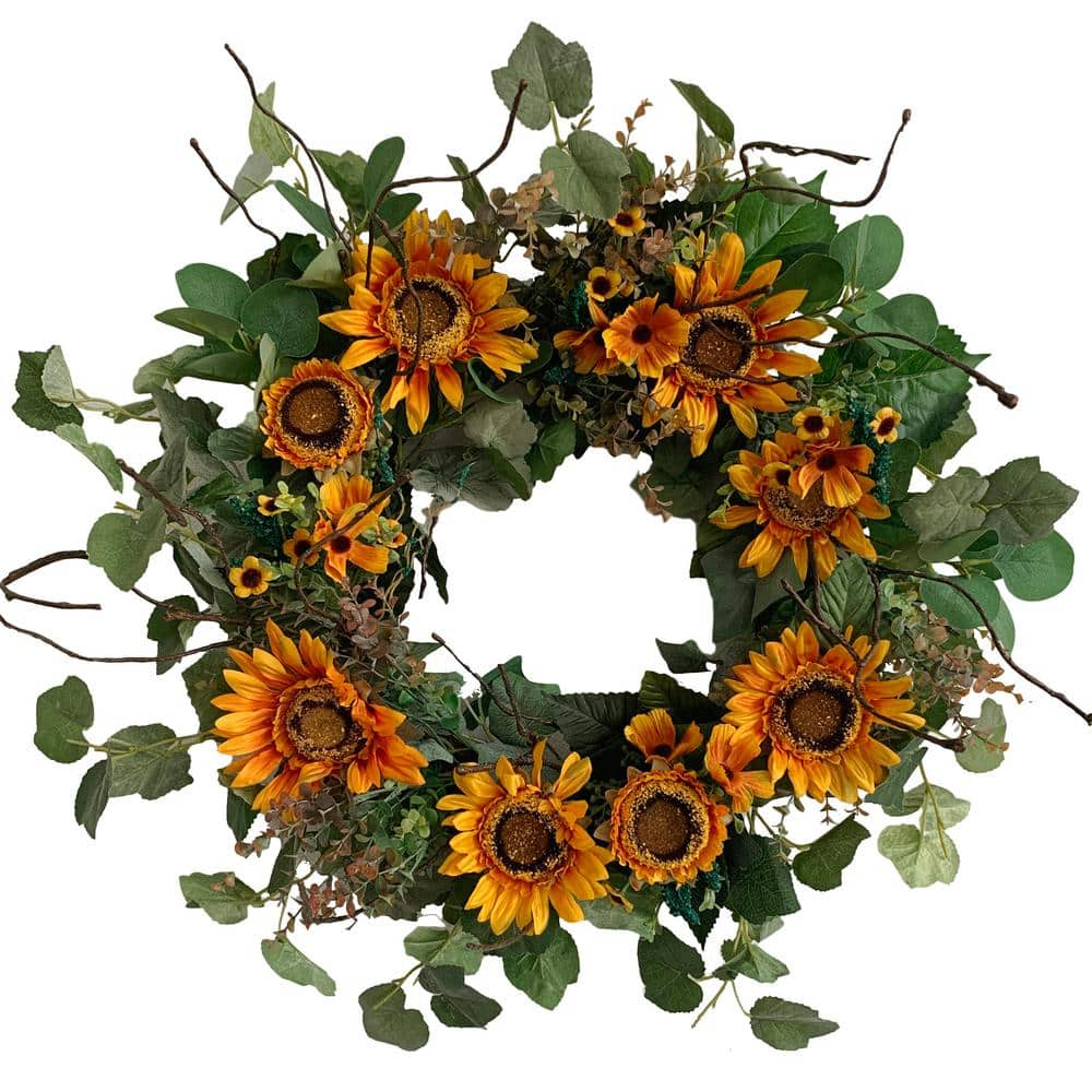 Glitzhome 24 in. Unlit Green Artificial Wreath with Golden Orange ...