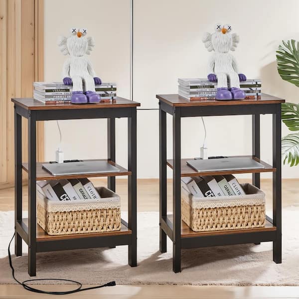 15.7 in. Side Tables with USB Charging Port, Brown 3-Tier Rectangle MDF End Tables, Nightstand Set of 2 for Small Spaces