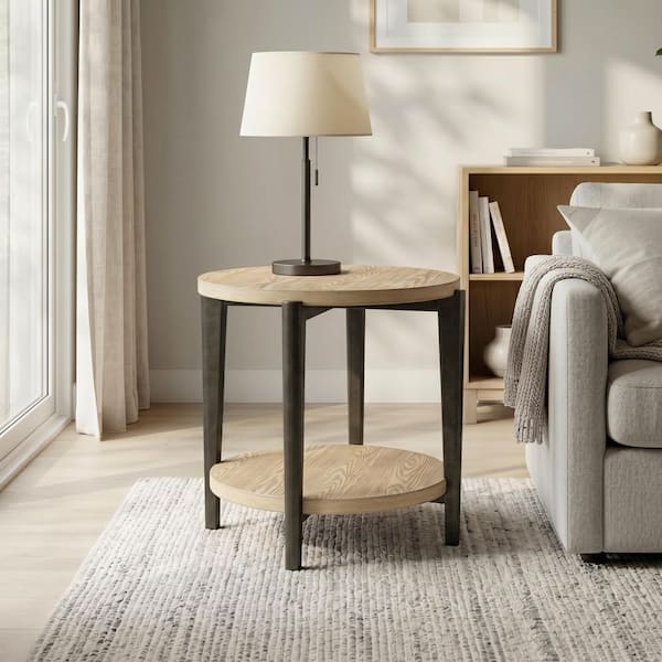 Andria 26.6 in. Natural Round Wood End Table with Metal Legs