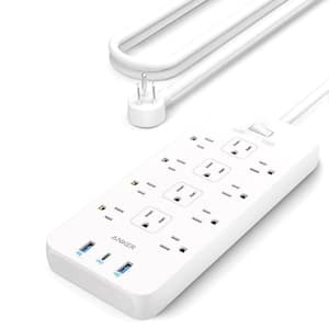 12-Outlet 5 ft. Extension Cord, Power Strip Surge Protector with 1 USB-C and 2 USB Iphone Ports for Home, Office, White