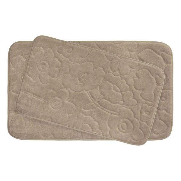 BounceComfort Stencil Floral 17 in. x 24 in./ 20 in. x 34 in. 2-Piece Memory Foam Bath Mat Set in Linen