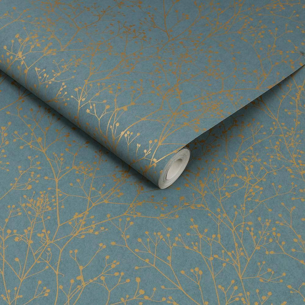 Clarissa Hulse Airforce Blue and Soft Gold Botanical Wallpaper Sample