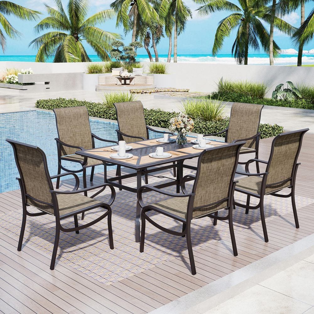 Black 7-Piece Metal Rectangle Patio Outdoor Dining Set with Geometric Table and Textilene Chairs price history on PriceWatchPro