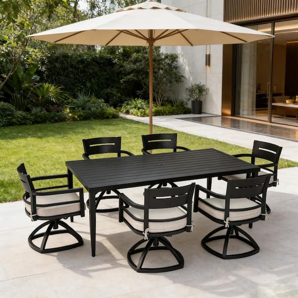 Lvod Black 7-Piece Aluminum Outdoor Dining Set with 6-Swivel Rockers and Dining Table with Umbrella Hole ABD Cushions