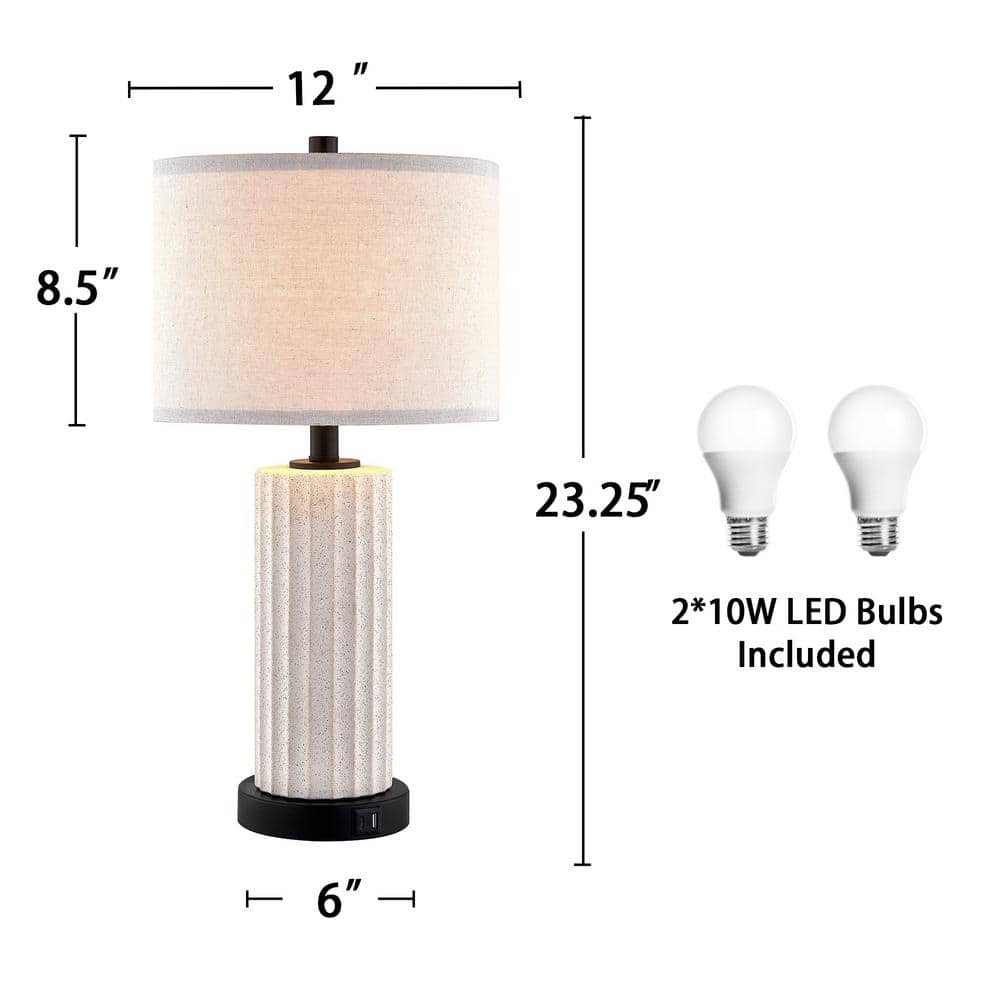 White Ceramic Table Lamp Set with USB Ports and Touch Control