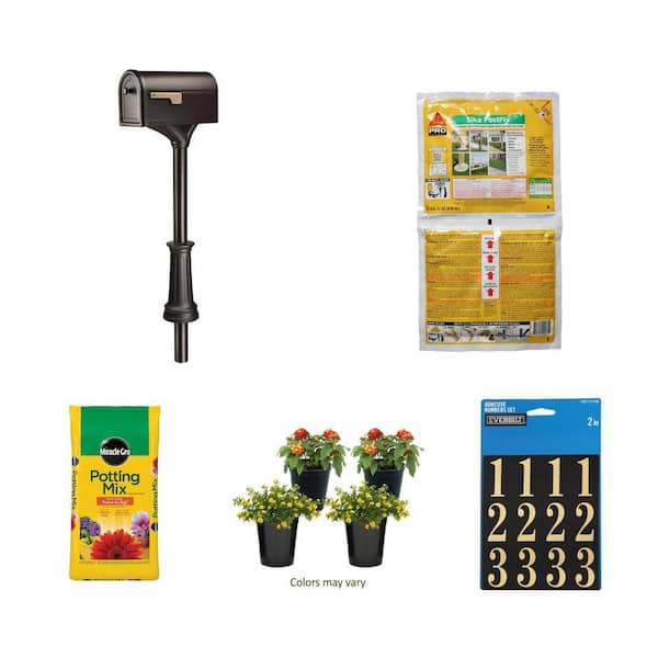 Roxbury Mailbox Post Combo, Post Mix, Potting Mix, Lantana 4-Pack, Number Set