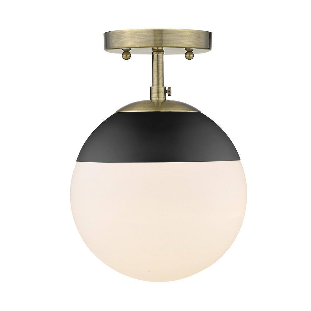 Matte Black and Aged Brass Globe Semi-Flush Light with Opal Glass
