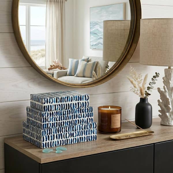 Blue 10/11/12 in. Resin Decorative Boxes with Inlay Pieces (Set of 3)