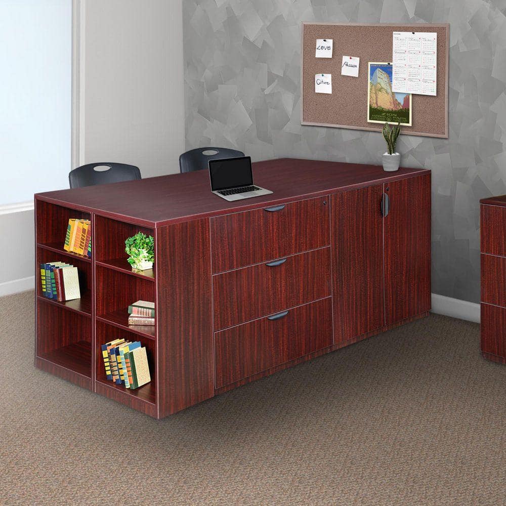 Legacy 85 in. Mahogany Stand Up 2 Desk / Storage Cabinet/ Lateral File Quad with Bookcase End