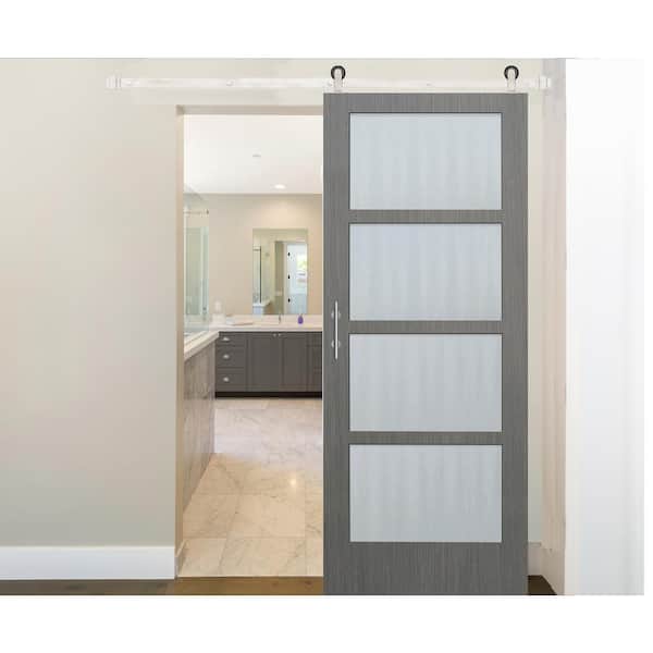 36 in. x 84 in. 4-Lite Driftwood Clear Coat Wood Interior Sliding Barn Door with Satin Nickel Hardware