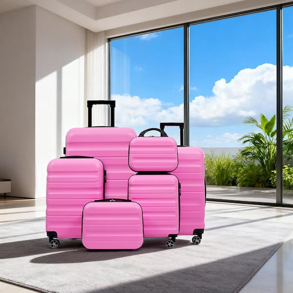 6 or more Bags 6-Piece Pink ABS Hardshell 12"14"16"20"24"28" Dual Spinner Luggage Set, Carry-on & Check-in Size