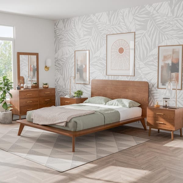 Furniture of America Riverstone 5-Piece Mid Century Walnut Wood Queen Platform Bedroom Set with 2 Nightstands and Dresser/Mirror