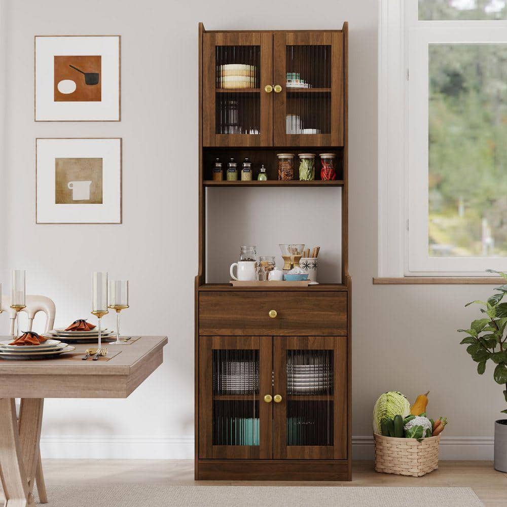 71 in. Walnut Wood Kitchen Pantry Hutch Storage Cabinet, Farmhouse Buffet Sideboard Coffee Bar with Microwave Stand