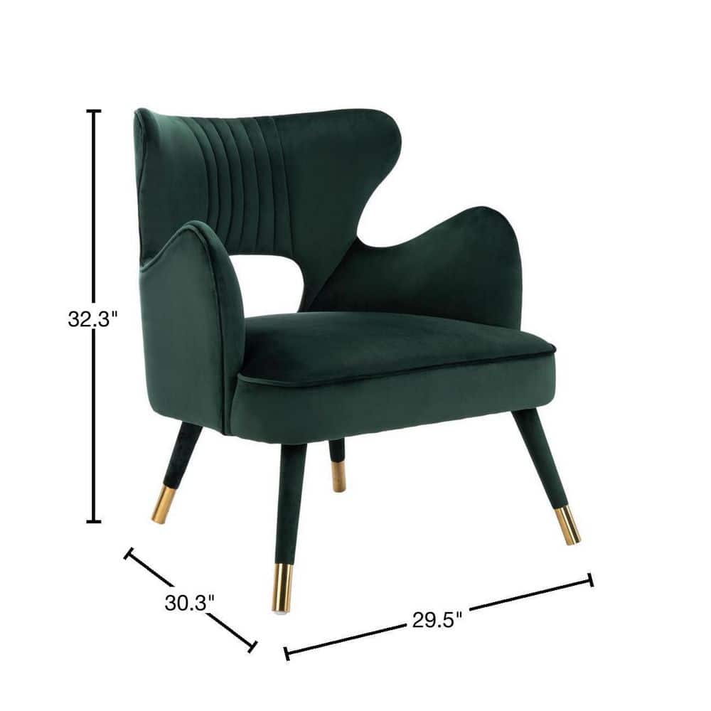 Transitional Forest Green Velvet Wingback Accent Chair with Gold Accents