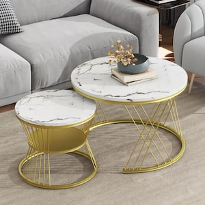 45.2 in. Round Faux  Marble Coffee Table Coffee Table with Metal Frame, White/Gold