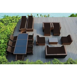 Mixed Brown 20-Piece Wicker Patio Combo Conversation Set with Supercrylic Brown Cushions