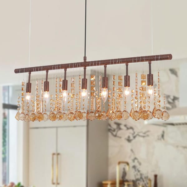 HUOKU Bella 7-Light 39.4 in. W Rusty Copper Chandelier with Amber Crystal Accents Vintage Farmhouse Kitchen Chandelier