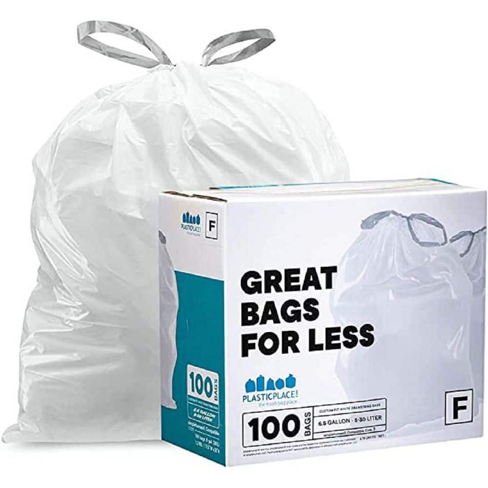 Plasticplace TRA155WH Code F Compatible (100 Count) White Drawstring Garbage, Liners 6.5 Gallon / 25 Liter 21.75 x 20