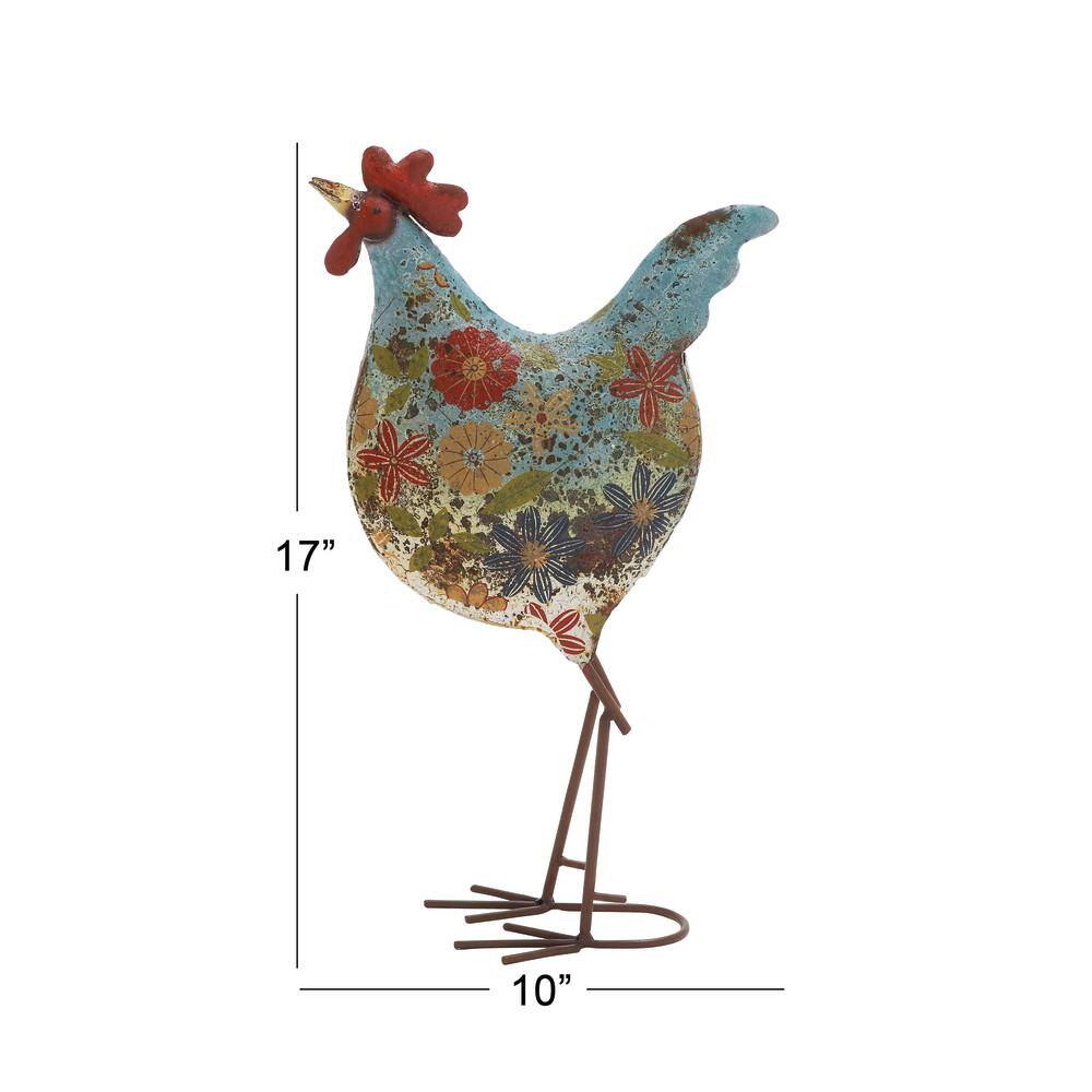 17" Green Floral Metal Rooster Garden Sculpture