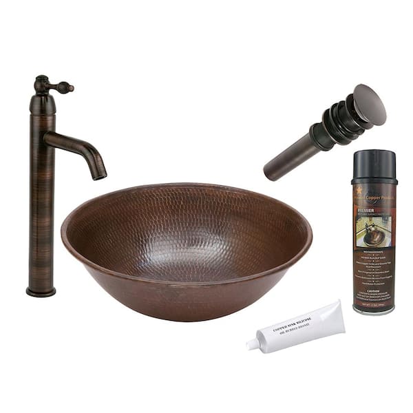 Premier Copper Products All-in-One Wired Rimmed Hammered Copper Round Vessel Sink with ORB Single Handle Vessel Faucet