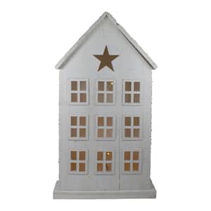 30 in. Snow-Covered Rustic White Wooden House Christmas Tabletop