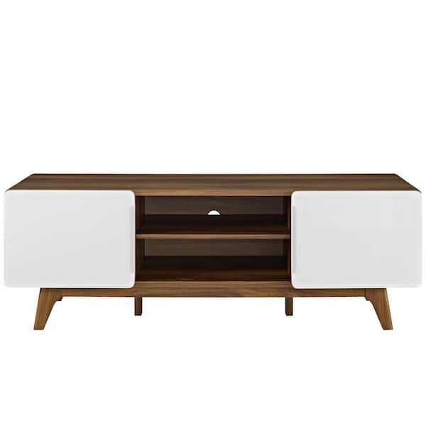 MODWAY Tread 59 in. Walnut and White Wood TV Stand Fits TVs Up to 65 in. with Storage Doors