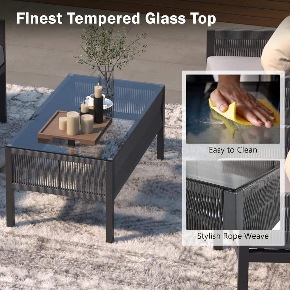 Gray Steel Rope 4-Piece Outdoor Patio Conversation Set with Cushions
