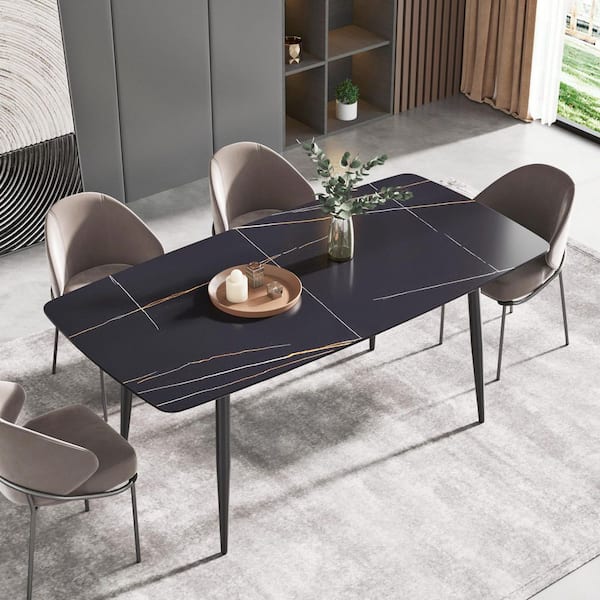 Magic Home 70.87 in. Black Sintered Stone Tabletop with 4 Black Metal Legs Dining Table (Seats 6)