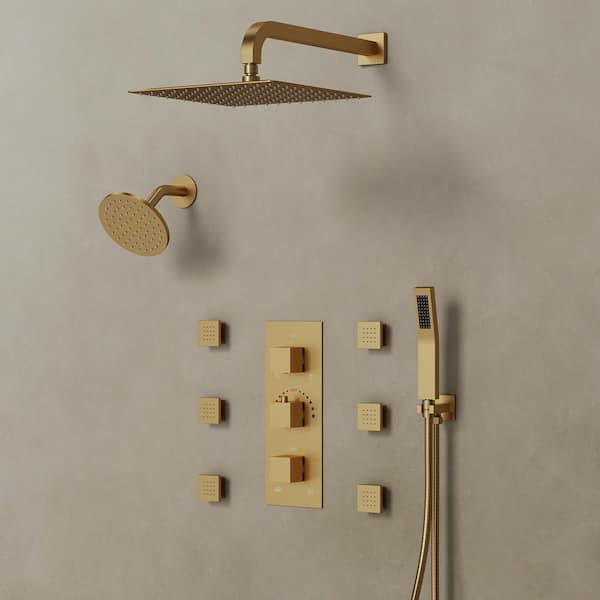 EVERSTEIN Thermostatic 8-Spray 12 and 6 in. Wall Mount Dual Shower Head Fixed and Handheld Shower Head in Brushed Gold, 2.5 GPM
